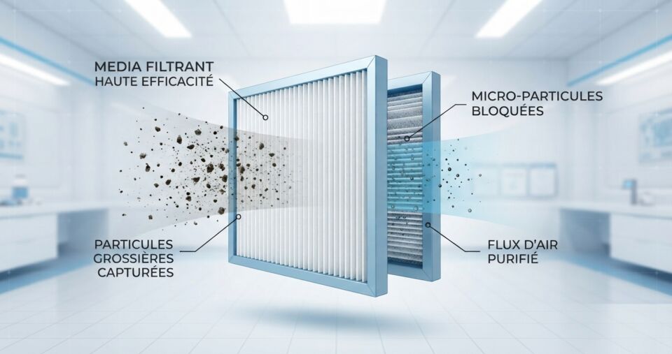 Schéma technique illustrant les différentes efficacités de filtration d'un filtre à air industriel AEROFILTER.