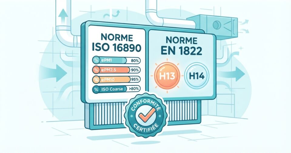 Illustration technique des normes ISO 16890 et EN 1822 sur un filtre à air AEROFILTER certifié.